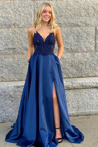 Bmbridal Spaghetti-Straps Slit Prom Dress Long With Lace Appliques