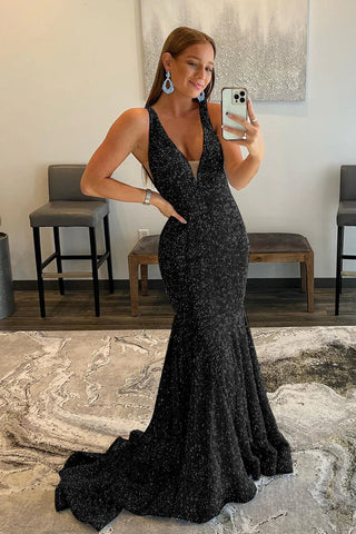 Mermaid Deep V Neck Purple Sequins Prom Dress with Open Back