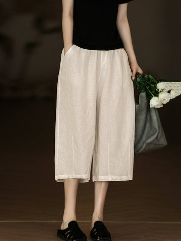 Women Summer Solid Casual Pocket Wide-leg Linen Pants