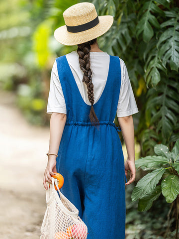 Women Summer Solid Drawstring Pocket V-Neck Linen Jumpsuits