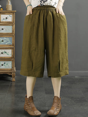 Women Summer Solid Pocket Pleat Linen Knee-Length Pants