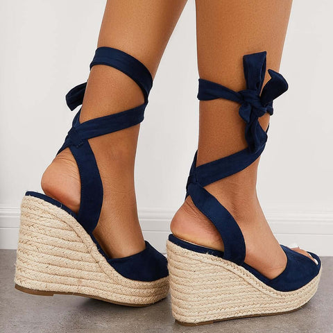 Lace up Espadrille Heel Platform Wedges Ankle Strap Sandals