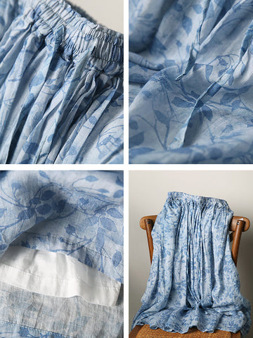 Women Summer Artsy Leaf Pleat Drawstring Ramie Skirt