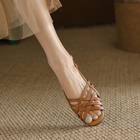 Elegant Retro Women Flat Sandals 2024 Trend Summer Casual Ladies Shoes High Quality PU Leather Slip On Sandals Slippers
