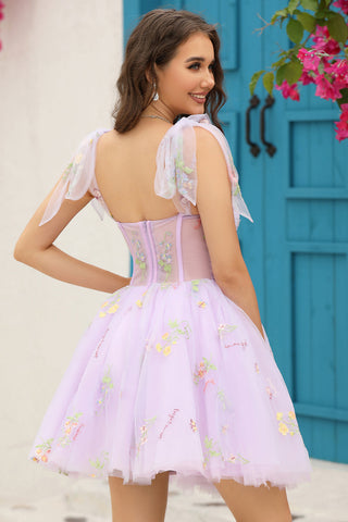 A Line Spaghetti Straps Grey Blue Short Homecoming Dress with Embroidery