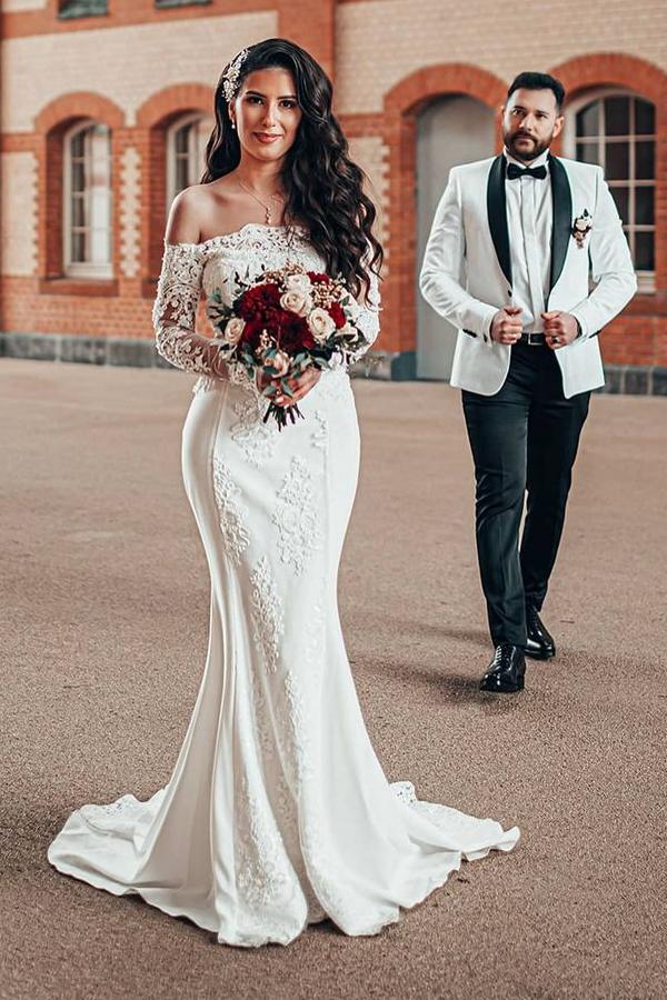 BMbridal Long Sleeves Off-the-Shoulder Wedding Dress Mermaid With Appliques