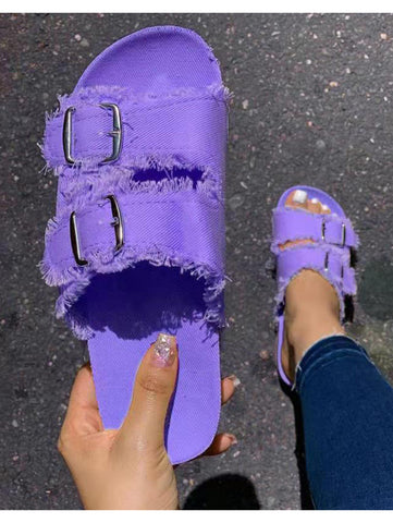 Fashion Plain Open Toe Denim Dual Strap Flats Slide Sandals