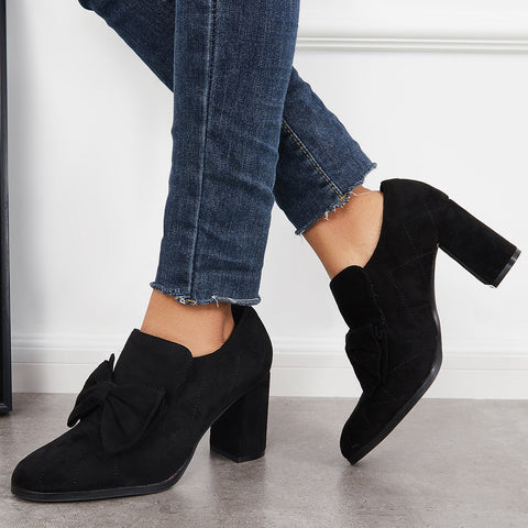 Bowknot Pointed Toe Chunky High Heel Pumps Slip on Dress Shoes