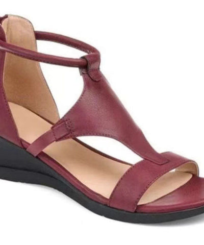 0508Vintage Red Peep Toe Zip Up Splicing Wedge Sandals