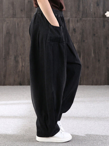 Leisure Solid Denim Puff Pants Bottoms