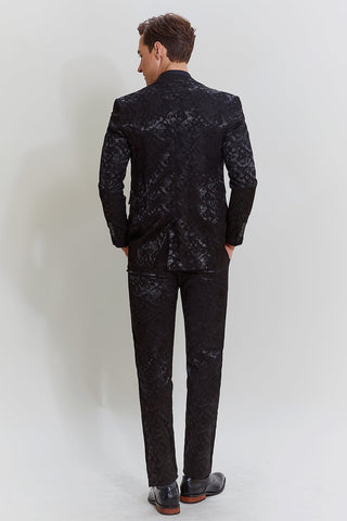 Schwarzer 3-teiliger Jacquard-Anzug mit Jacke, Weste und Hose für Herren