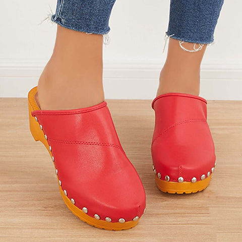 Women Casual Heeled Mules Closed Toe Slip-on Slide Sandals