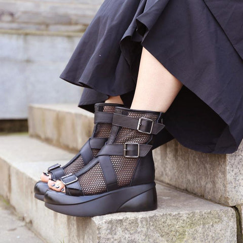 Women Summer Peep Toe Leather Mesh Casual Adjustable Buckle Boots