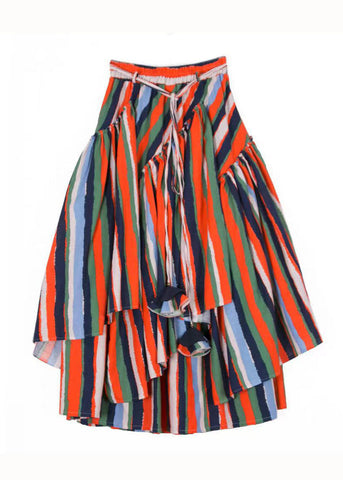 Organic Striped Wrinkled Asymmetrical Layered Patchwork Cotton Skirts Fall