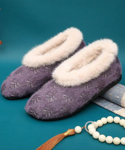 Lila Baumwollstoff Bequeme flache Schuhe mit flauschigem Wollfutter