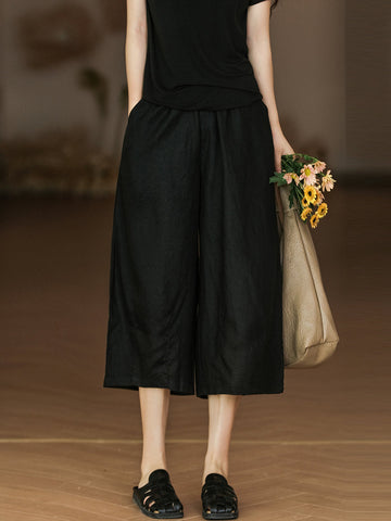 Women Summer Solid Casual Pocket Wide-leg Linen Pants
