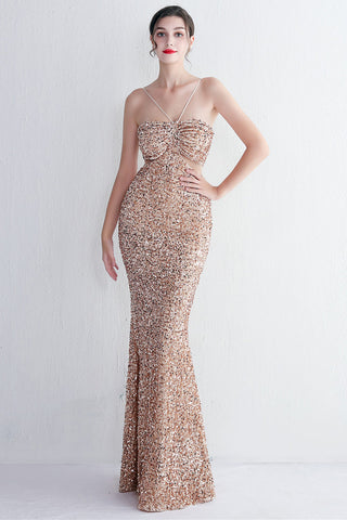Mermaid Halter Black Sequins Long Prom Dress with Keyhole
