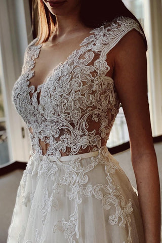 l Cap Sleeves Tulle Wedding Dress Open Back With Appliques Long