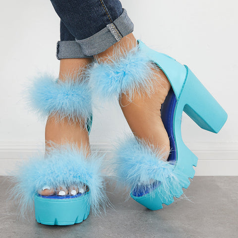 Furry Platform Chunky High Heels Open Toe Ankle Strap Sandals