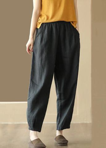 Vintage Black Pockets Wrinkled Patchwork Linen Pants Summer