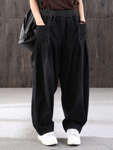 Leisure Solid Denim Puff Pants Bottoms