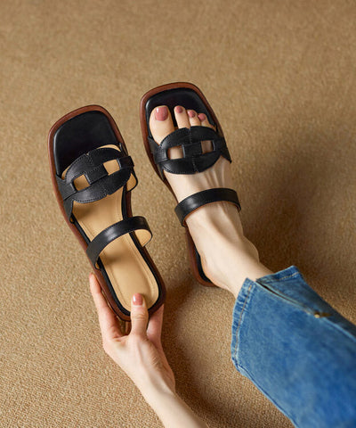 New Brown Splicing Cowhide Leather Slide Sandals Peep Toe
