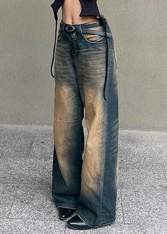 French Gradient Color Pockets Patchwork Denim Straight Pants Summer
