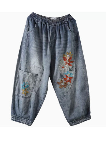 Women Summer Vintage Flower Embroidery Denim Harem Pants