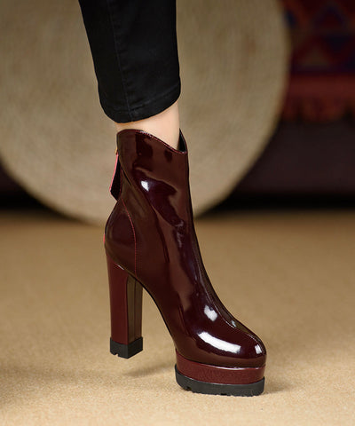 Style High Heel Ankle Boots Black Cowhide Lacquer Leather