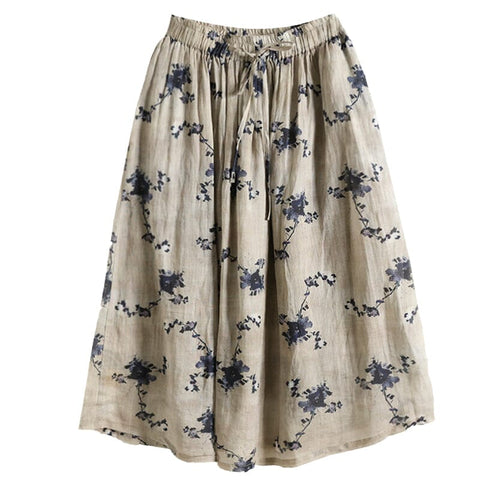 Summer Casual Retro Floral Print Linen Skirt