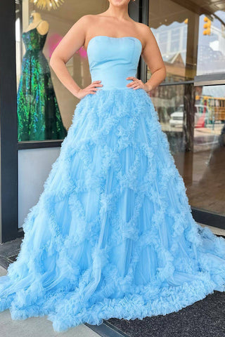 Elegant A Line Strapless Blue Long Prom Dress with Ruffles