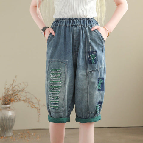 Women Summer Casual Minimalist Patchwork Denim Shorts