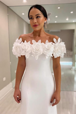 Glamorous Mermaid Off-The-Shoulder Satin Prom Dresses with Flowers