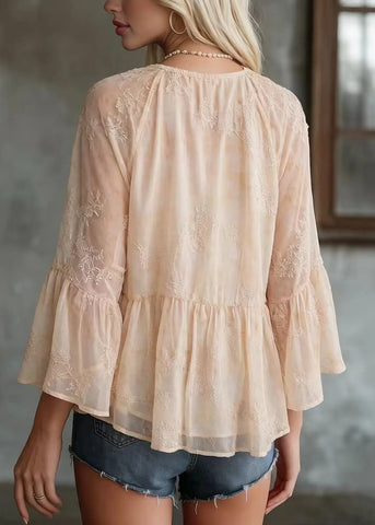 Women Yellow V Neck Patchwork Chiffon Top Bracelet Sleeve