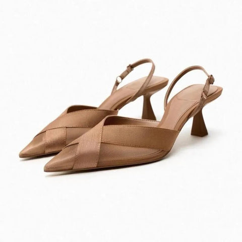 Fashion Thin Heels Sandals Women's Brown Cross 2024 Pointed Toe Shallow Office Low-heel Pumps Slingbacks Temperament Mule Shoes