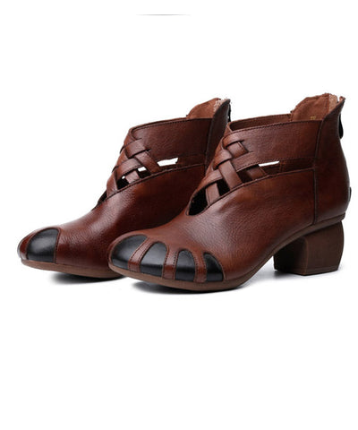 Unique Coffee Cowhide Leather Hollow Out High Heel Splicing Boots