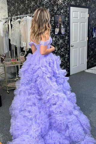 A Line Off the Shoulder Blue Corset Prom Dress with Ruffles