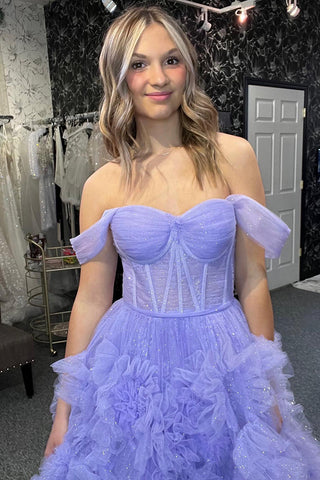 A Line Off the Shoulder Blue Corset Prom Dress with Ruffles
