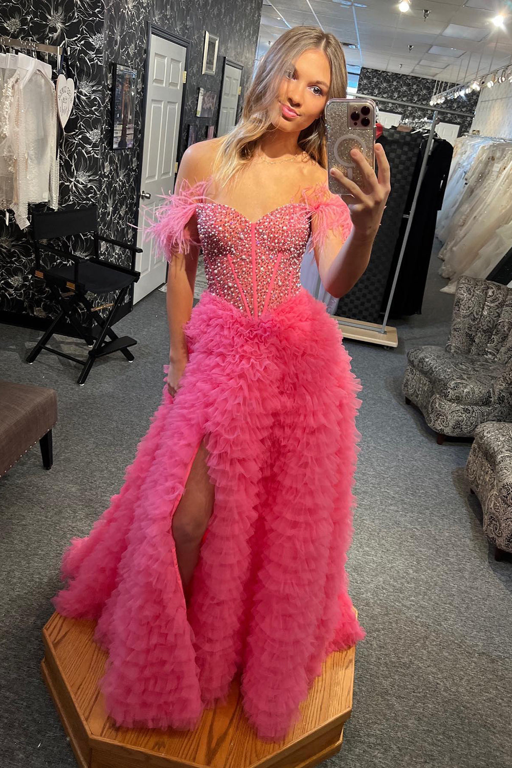 Pink Off the Shoulder Tulle Tiered A-Line Long Corset Prom Dress with Beading