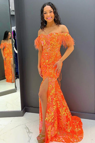 Mermaid Sweetheart Orange Sequins Long Prom Dress with Split Front