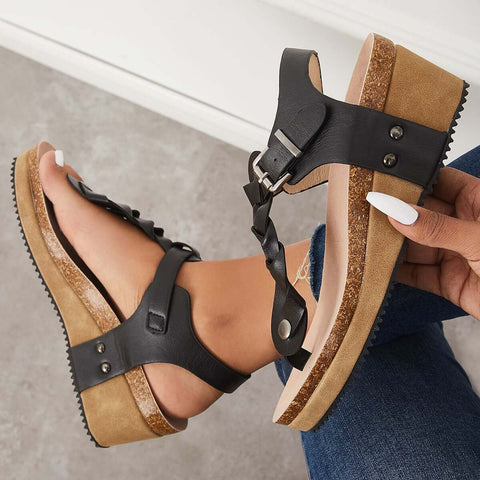 Boho Braided T-Strap Sandals Cork Platform Wedges
