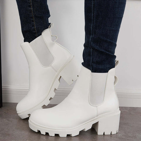Faux Leather Chelsea Chunky Heel Ankle Boots Lug Sole Booties