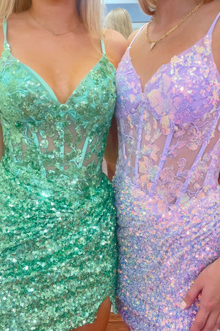 Glitter Lilac Sequin Bodycon Spaghetti Straps Homecoming Dress