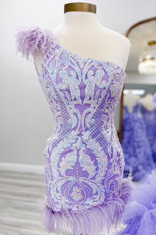Sparkly Hot Pink One Shoulder Bodycon Homecoming Dress with Feather