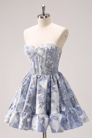 Blue Sweetheart Flower Printed A-Line Corset Short Homecoming Dress With Ruffles