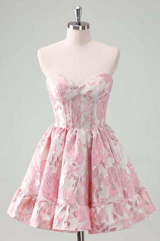 Blue Sweetheart Flower Printed A-Line Corset Short Homecoming Dress With Ruffles