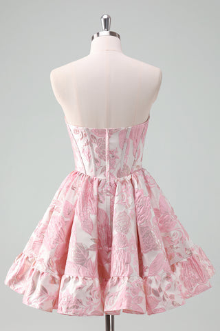 Blue Sweetheart Flower Printed A-Line Corset Short Homecoming Dress With Ruffles