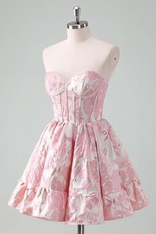 Blue Strapless Flower Printed A-Line Corset Short Homecoming Dress With Ruffles