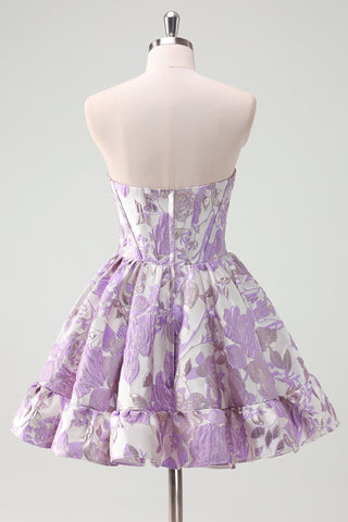 Blue Sweetheart Flower Printed A-Line Corset Short Homecoming Dress With Ruffles