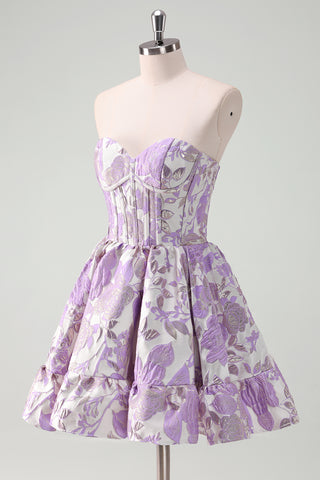Blue Sweetheart Flower Printed A-Line Corset Short Homecoming Dress With Ruffles